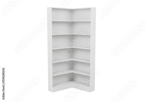 Modern white corner bookshelf with multiple shelves in a minimalist setting