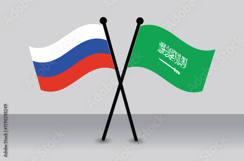 Crossed Flags of Russia and Saudi Arabia. Saudi Arabia Combined with Russia Isolated. Diplomacy and International Relations.