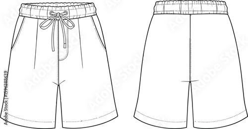 Men’s casual shorts technical flat sketch, front and back view, elastic waistband, drawstring, pockets, vector line fashion cad illustration