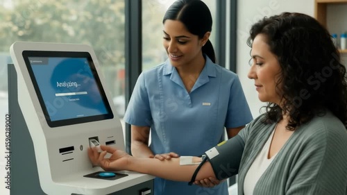 Woman Receiving Blood Pressure Check at Modern Healthcare Kiosk