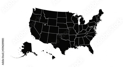 Black and white map showcasing the United States, highlighting all fifty states.