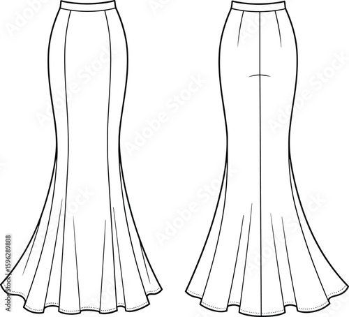 Mermaid skirt technical flat sketch front and back, fashion CAD drawing, panel seams, flared hem, fitted waist design