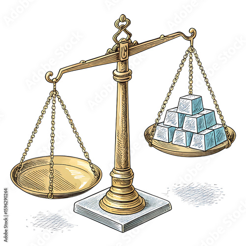 Imbalanced scale laden with sugar cubes tipping precariously towards sweetness in a stark illustration with aged paper