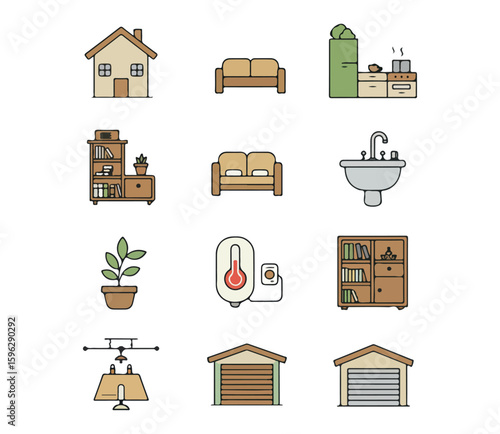 Collection of Smart Home Icons Representing Modern Living Spaces and Appliances	