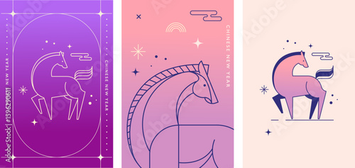 Chinese New Year vertical cards and banner. Modern purple geometric illustratution for Lunar New Year 2026, Year of the Horse.