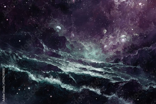 Wallpaper Mural Abstract Cosmic Space Landscape With Teal Waves Torontodigital.ca