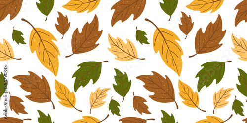 Autumn leaves seamless pattern vector with green and yellow foliage. Hand-drawn fall leaf background featuring textured maple and elm shapes in warm seasonal colors. Ideal for Thanksgiving crafts