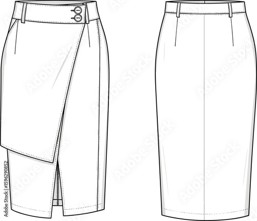 Pencil skirt flat sketch, front and back view, wrap detail, fashion CAD drawing, vector template, apparel design illustration