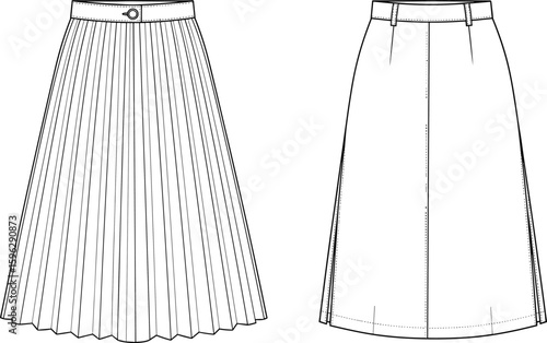 Pleated midi skirt technical flat sketch, front and back view, elegant women fashion garment, CAD drawing flat vector illustration
