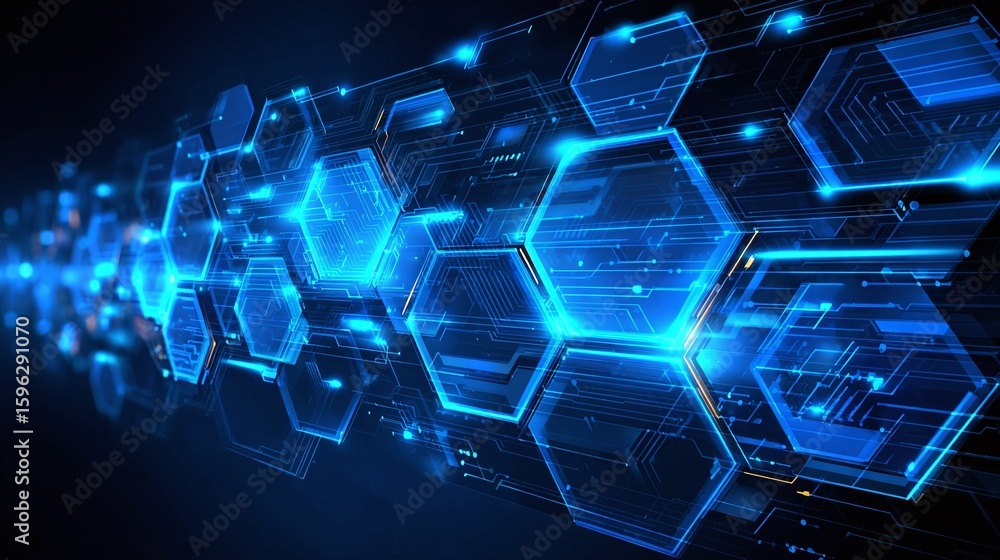Fototapeta premium Hexagonal Network: A dynamic digital representation of interconnected hexagonal nodes, evoking high-tech communication and advanced digital infrastructure.