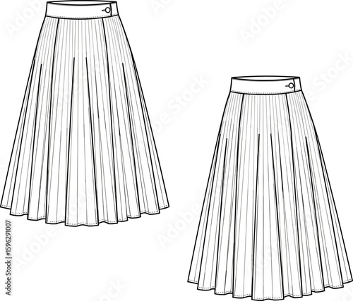 Pleated skirt flat sketch, midi length, flared silhouette, waistband detail, fashion CAD drawing, vector apparel design illustration