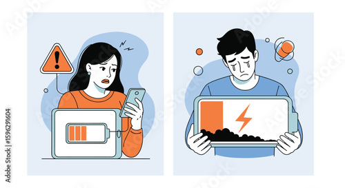 Illustrations depicting people experiencing critical low battery levels on their devices