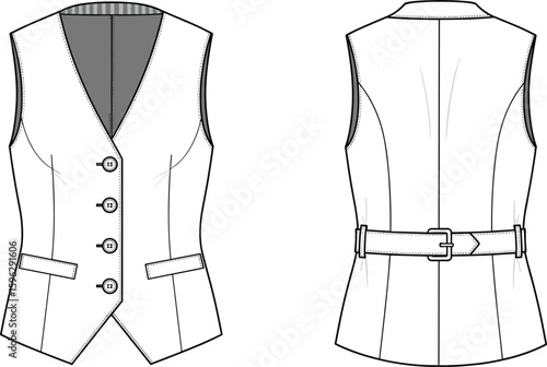 Tailored women waistcoat technical fashion sketch with front and back views, buttoned vest with pockets and back belt detail illustration