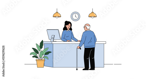 Elderly patient interacts with receptionist at healthcare facility front desk during appointment