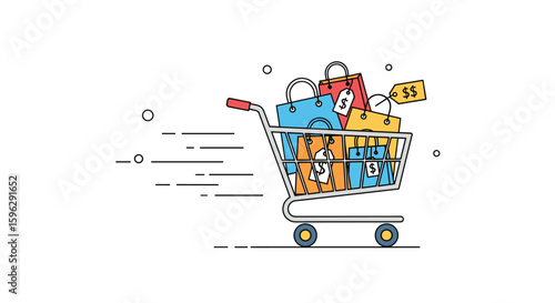 Fast shopping cart filled with many colorful bags and price tags illustration accelerating forward motion