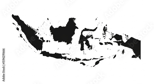 Black and white silhouette map of Indonesia showcasing its archipelago.