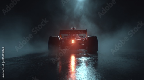 Race car in the dark. A race car with glowing tail lights speeds along a wet track in the fog. The light reflects off of the pavement.