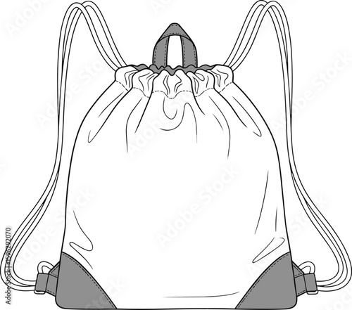 Technical flat sketch of drawstring backpack, vector illustration, front view design, casual gym bag layout, cad drawing for apparel accessories