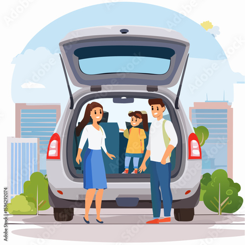 A family prepare for travel by their vehicle, with a car's trunk open, loading their travel gears. captures a moment of everyday adventure and family togetherness.