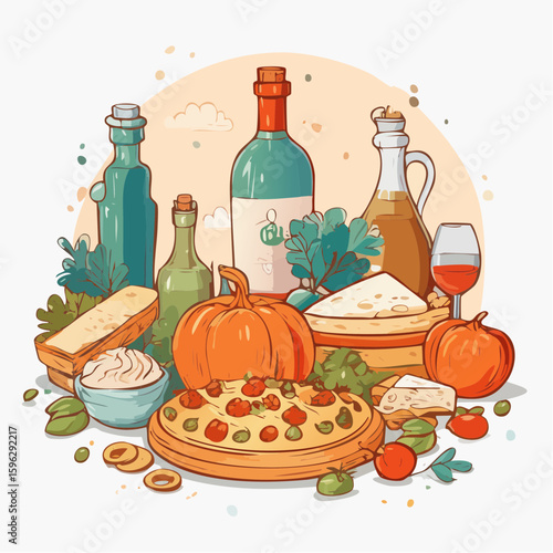 A bountiful culinary illustration featuring a vibrant arrangement of gourmet ingredients, showcasing the artistry of the food itself.