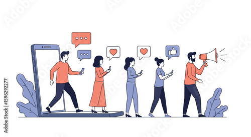 People engaging with social media content promoting digital communication and online interaction strategies