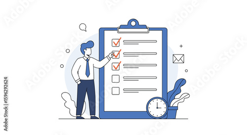 Organized business professional meticulously checks items on a large checklist with a pen marking each completed task