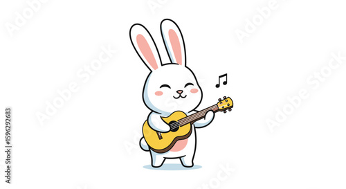 Adorable white bunny playing guitar and singing a happy melody outdoors