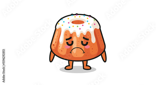 Funny sad bundt cake character with sprinkles and frosting feeling down looking depressed