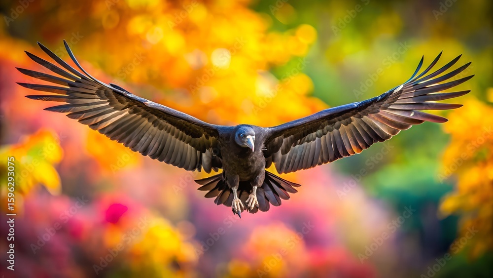 Obraz premium Black Vulture Flying with Spread Wings and Colorful Blurred Background