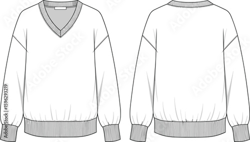 V-neck ribbed hem sweater fashion technical flat sketch front and back view, winter wear cad drawing flat vector illustration