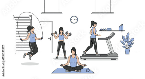 Active woman demonstrating various fitness activities in a well-equipped home gym setting