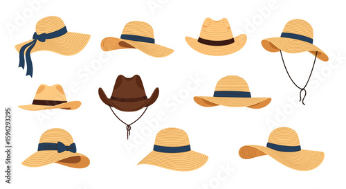 Collection of diverse straw hats and western headwear for outdoor sun protection and fashionable summer style