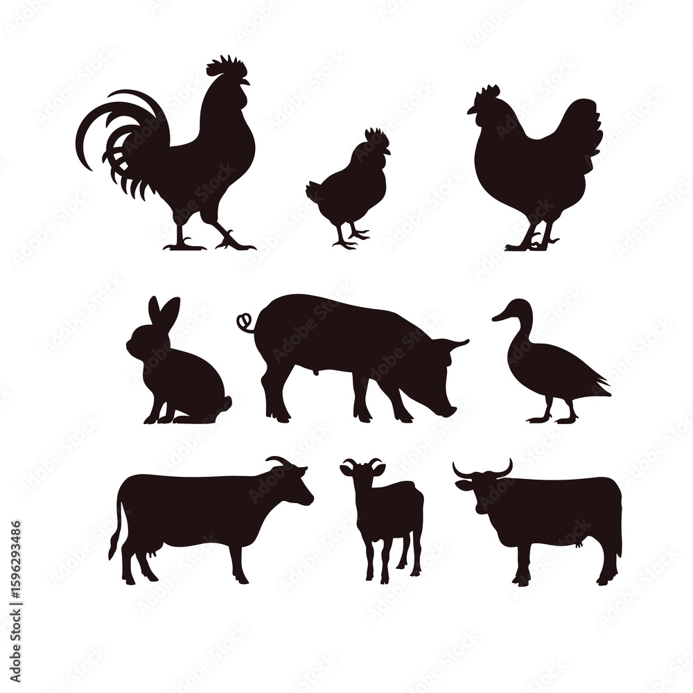 Fototapeta premium Farm animals silhouette set, isolated white background,