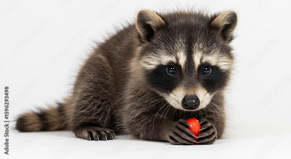 Obraz premium 愛らしい子アライグマ 柔らかな光の中で赤玉を優しく持つ. AI Generated