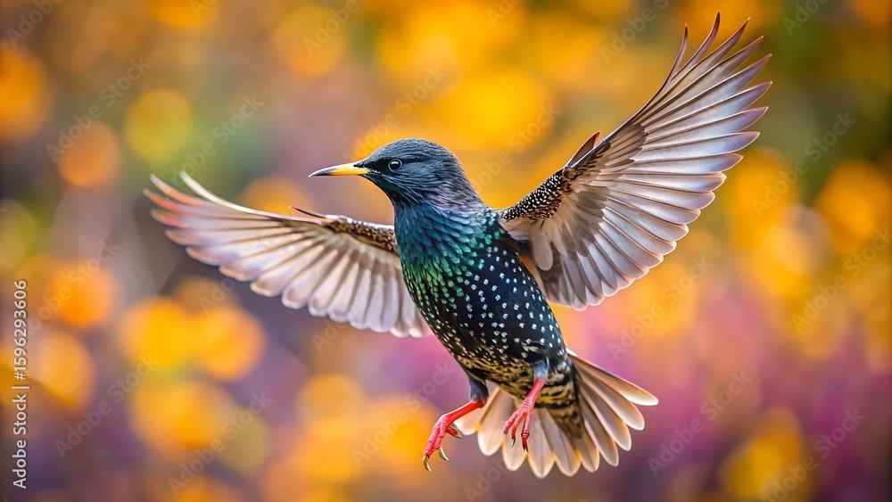 Fototapeta premium European Starling Flying with Spread Wings and Colorful Blurred Background
