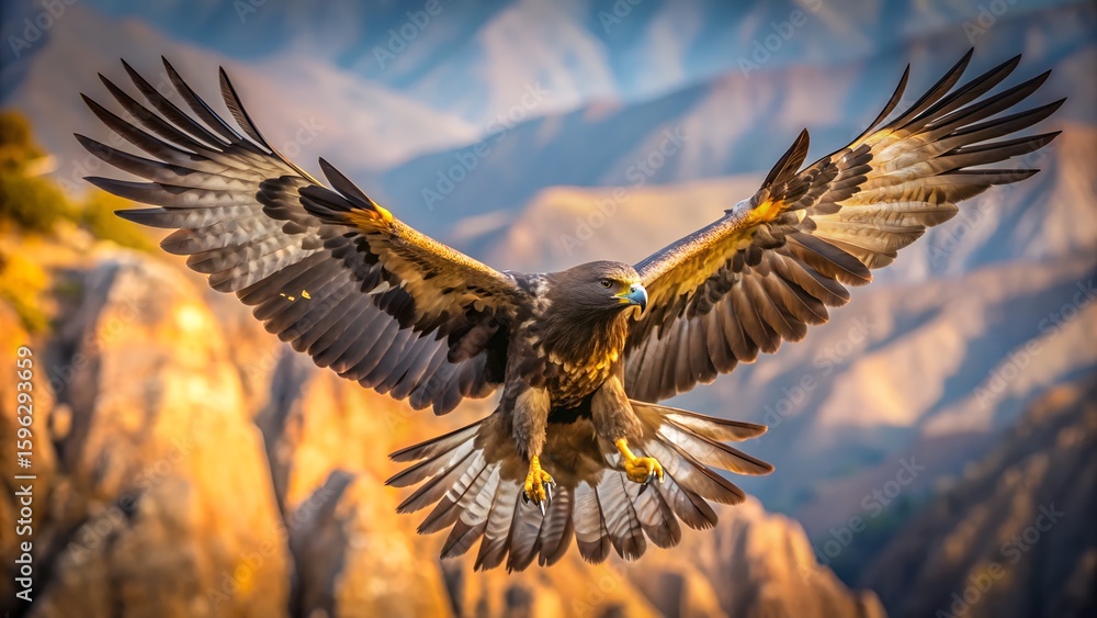 Fototapeta premium Golden Eagle Flying with Spread Wings and Colorful Blurred Background