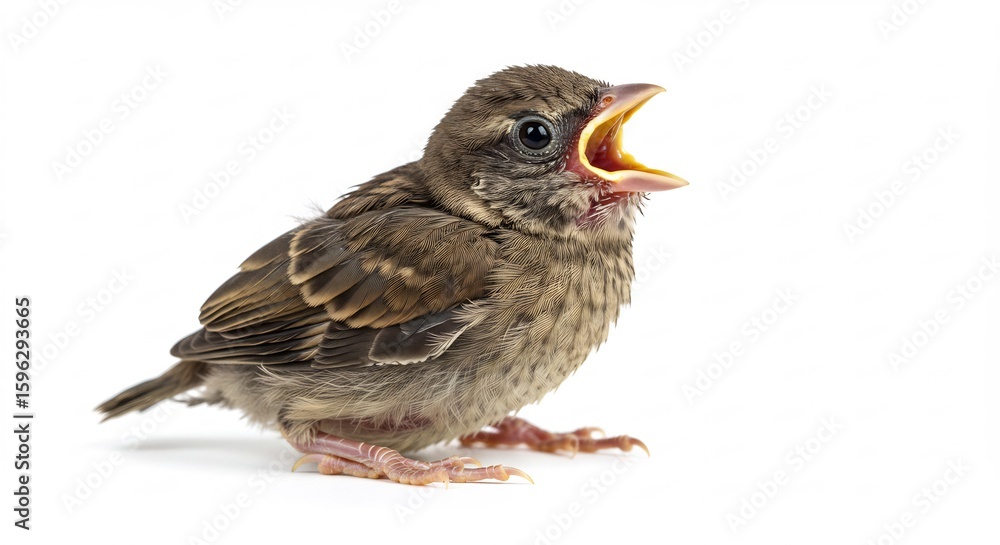 Fototapeta premium 可愛い雛鳥 白背景 鮮やか 羽根 空腹で口を開ける. AI Generated