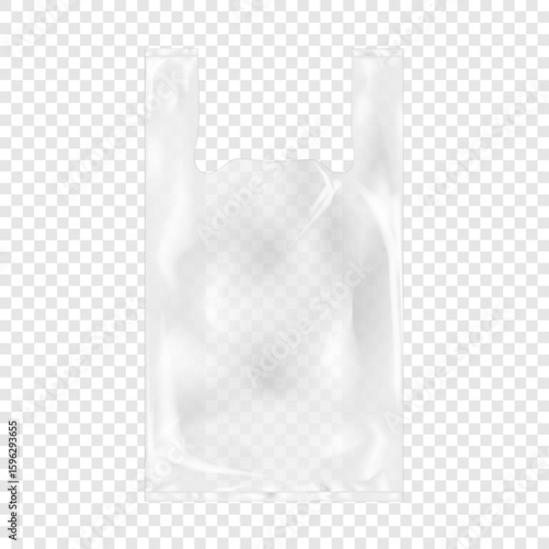 Clear plastic T-shirt bag. Realistic vector mockup. Blank white transparent shopping bag with handles. 3d mock-up. Carry polyethylene package. Template for design