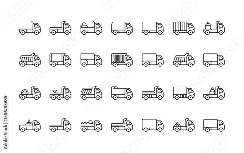 Collection of various truck icons in a grid layout vehicle transport