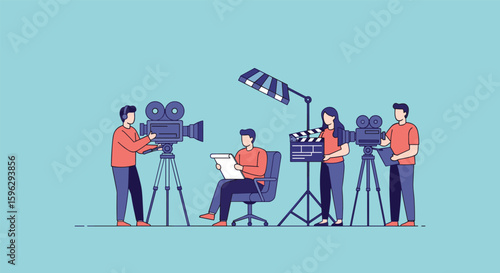 Filmmaking professionals collaborate on a movie production set with vintage cameras and lighting equipment