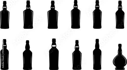 set of Bottle shape icon set. Beverage, drink, alcohol silhouette. Glass bottle symbol. Pub, bar concept. Brewery icon label design. Whiskey, vodka, cocktail, wine, beer, rum, cognac, martini, brandy 