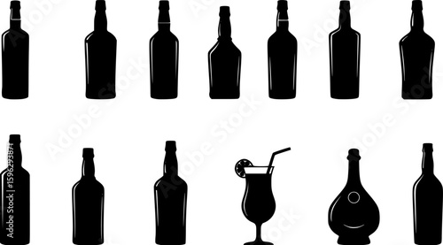 set of Bottle shape icon set. Beverage, drink, alcohol silhouette. Glass bottle symbol. Pub, bar concept. Brewery icon label design. Whiskey, vodka, cocktail, wine, beer, rum, cognac, martini, brandy 