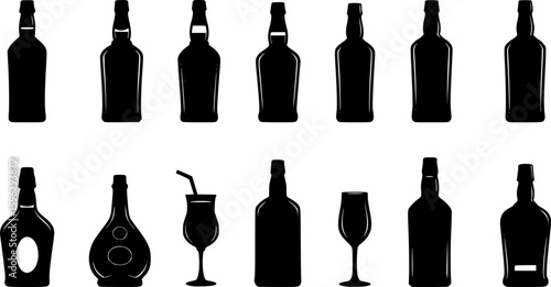 set of Bottle shape icon set. Beverage, drink, alcohol silhouette. Glass bottle symbol. Pub, bar concept. Brewery icon label design. Whiskey, vodka, cocktail, wine, beer, rum, cognac, martini, brandy 