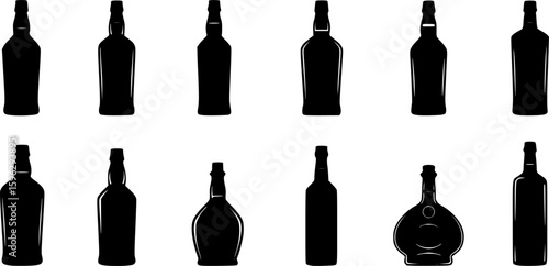 set of Bottle shape icon set. Beverage, drink, alcohol silhouette. Glass bottle symbol. Pub, bar concept. Brewery icon label design. Whiskey, vodka, cocktail, wine, beer, rum, cognac, martini, brandy 