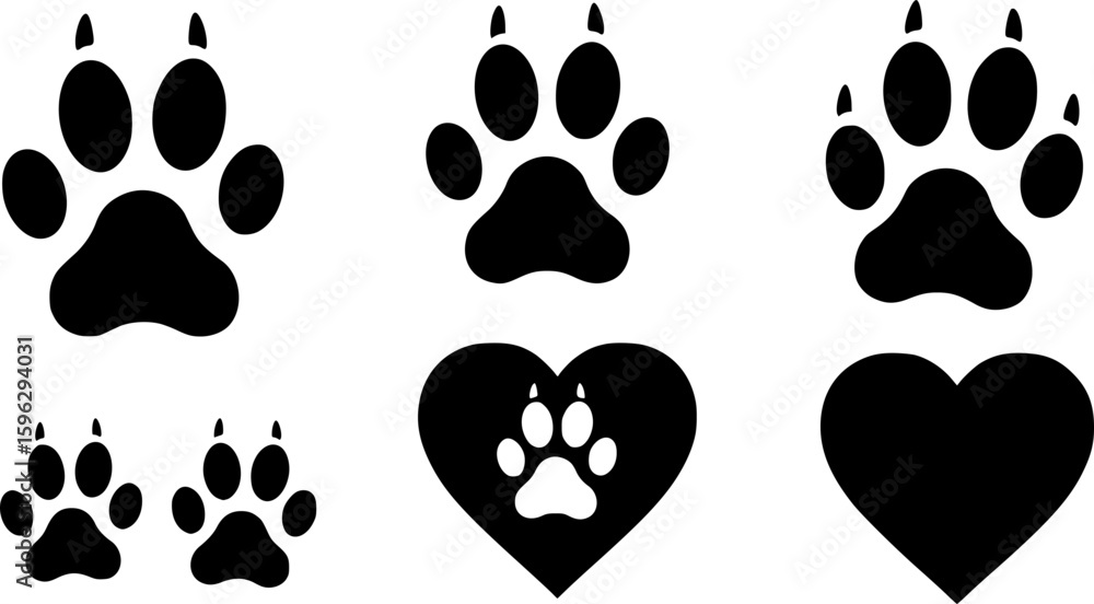 Fototapeta premium set of Pet paw editable stroke. footprints Pet paw, Heart with pet paw print dog cat icon, vector illustration. on white background