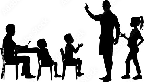 Silhouette of a teacher instructing children in a classroom setting with desks and chairs present here