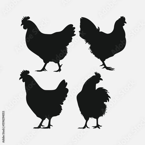 Four black chicken silhouettes on a light gray background