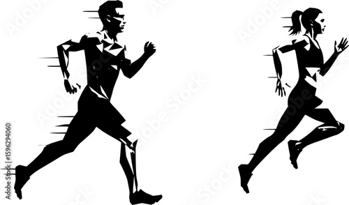 set of Run, running people - man and woman, low poly isolated vector sports illustration, side view. Track and field athletes. on white background