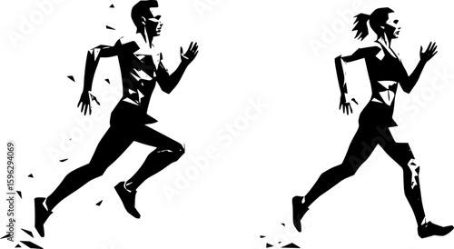 set of Run, running people - man and woman, low poly isolated vector sports illustration, side view. Track and field athletes. on white background