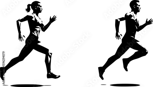set of Run, running people - man and woman, low poly isolated vector sports illustration, side view. Track and field athletes. on white background